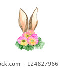 Watercolor rabbit ears and spring flowers, hand-drawn illustration, primrose 124827966