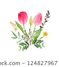 Watercolor spring flowers, hand-drawn illustration, tulips, willow, mother-and-stepmother 124827967