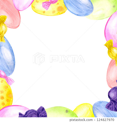 Square frame of watercolor Easter eggs and sweets Square frame of watercolor Easter eggs and sweets 124827970