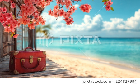 Beautiful beach with a red suitcase and blooming flowers during sunny day by the ocean 124827994