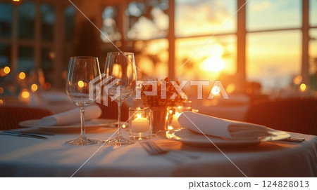 Elegant wooden table with a glass and plants in a cozy bar setting during evening hours 124828013