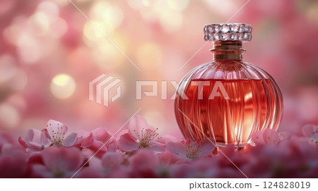 Elegant perfume bottle surrounded by delicate pink flowers on a soft peach background 124828019