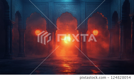 Majestic sunset illuminating ancient architecture with dramatic shadows 124828054