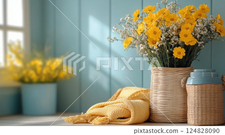 Bright yellow flowers in woven baskets on a wooden table in a sunny room 124828090