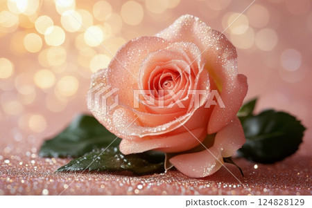Sparkling rose adorned with shimmering droplets against a blurred background 124828129