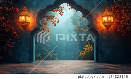 Enchanted garden entrance with ornate lanterns and lush greenery during twilight Enchanted garden entrance with ornate lanterns and lush greenery during twilight 124828136