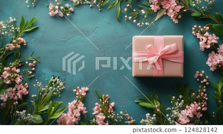 Gift box surrounded by flowers on a blue background creating a festive atmosphere 124828142