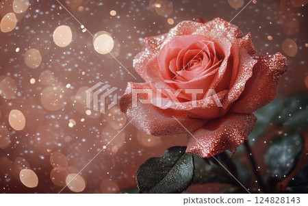 Sparkling rose adorned with shimmering droplets against a blurred background 124828143