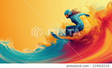Dynamic snowboarder carving through vibrant waves at sunset 124828158