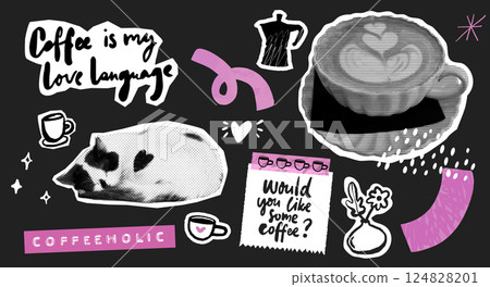 Coffee and cat sticker set, halftone doodle collage for cafe. Modern trendy scrapbooking vision board srt illustrations 124828201