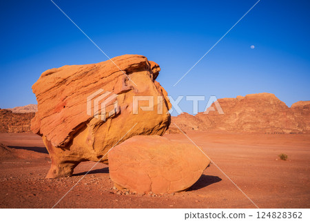 Wadi Rum, Jordan. Naturally sculpted sandstone formation, Chicken Rock, arid desert landscape. 124828362