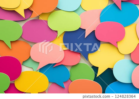 A collage of bright and playful speech bubble shapes fills the canvas inviting creativity and conversation in a lively display of color and form perfect for artistic projects. 124828364