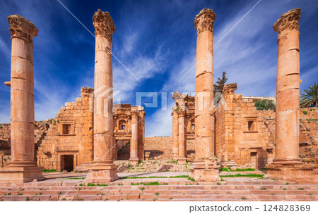 Jerash, Jordan - Temple of Artemis ruins in the ancient roman city of Gerasa. Jerash, Jordan - Temple of Artemis ruins in the ancient roman city of Gerasa. 124828369