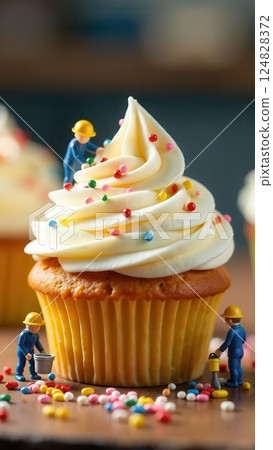 Miniature construction workers are playfully adding colorful sprinkles to a fluffy cupcake creating an imaginative sweet treat that sparks joy and creativity in a cozy setting. Miniature construction workers are playfully adding colorful sprinkles to a fluffy cupcake creating an imaginative sweet treat that sparks joy and creativity in a cozy setting. 124828372