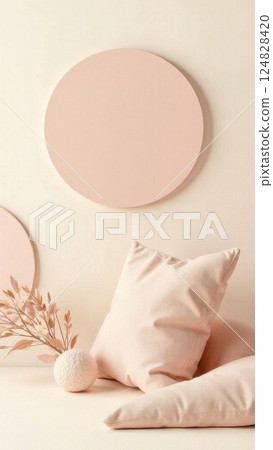 A minimalist corner showcases soft pink pillows and decorative round shapes on the wall complemented by delicate dried flowers evoking tranquility and inviting relaxation. 124828420