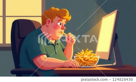 A young man sits comfortably in a chair enjoying a bowl of crispy fries while focused on his glowing screen. The cozy atmosphere highlights a moment of solitude and indulgence. A young man sits comfortably in a chair enjoying a bowl of crispy fries while focused on his glowing screen. The cozy atmosphere highlights a moment of solitude and indulgence. 124828430