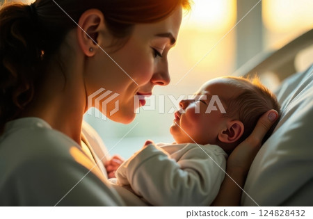 Radiant sunlight floods a serene space as a mother gazes lovingly at her newborn. Their tender moment captures the essence of unconditional love and warmth during early evening hours. Radiant sunlight floods a serene space as a mother gazes lovingly at her newborn. Their tender moment captures the essence of unconditional love and warmth during early evening hours. 124828432