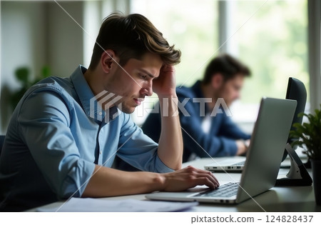 Two professionals engage in intense work at their desks with one visibly stressed while looking at a laptop screen. The atmosphere is calm yet focused highlighting office dynamics. 124828437