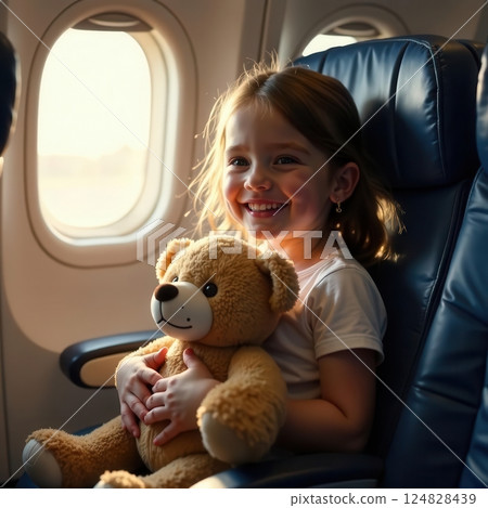 A joyful girl sits by the window on an airplane holding her cherished teddy bear. The warm glow of the sunset illuminates her happy face as she experiences her journey. 124828439