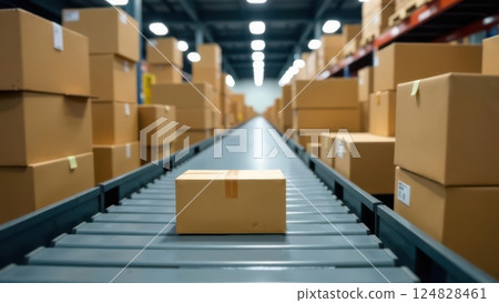 A conveyor belt stretches through a bustling distribution center carrying packages of all sizes. Workers operate nearby ensuring smooth logistics and delivery efficiency. 124828461