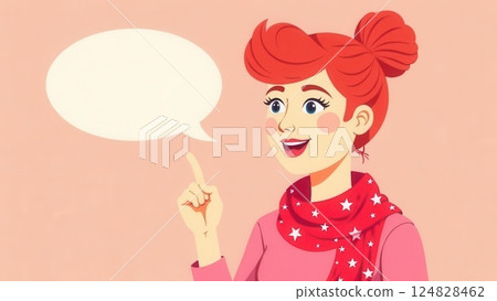 A joyful young woman with vibrant red hair and a starry scarf gestures while expressing a creative thought. Her bright smile radiates enthusiasm and inspiration in a playful setting. 124828462