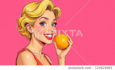 A young woman with blonde hair holds a bright orange flashing a radiant smile. The colorful background enhances the joyful atmosphere capturing a playful moment of happiness. 124828463
