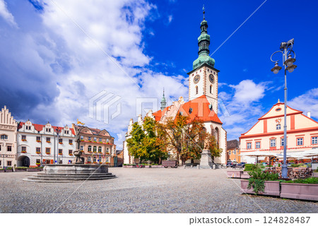 Tabor, Czech Republic. Zizka Square, downtown of historical Tabor in Bohemia, sunny day landscape. 124828487