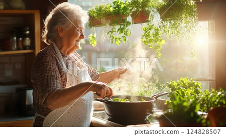 Elderly woman cooking heritage dish in rustic kitchen with herbs and cast iron pot, evoking warmth, family nostalgia and traditional recipes. 124828507