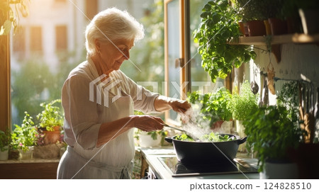 Rustic kitchen interior with warm natural light, elderly woman cooking traditional dish in cast iron pot, herbs hanging from beams, nostalgic family atmosphere 124828510