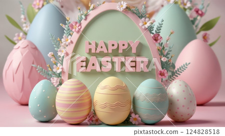 Brightly colored Easter eggs sit in front of a spring-themed backdrop adorned with vibrant flowers and a joyful message celebrating the holiday creating a warm festive ambiance. 124828518
