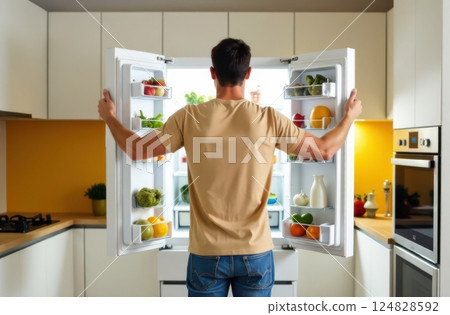 Standing in a contemporary kitchen a man examines fresh fruits and vegetables in an organized fridge. 124828592