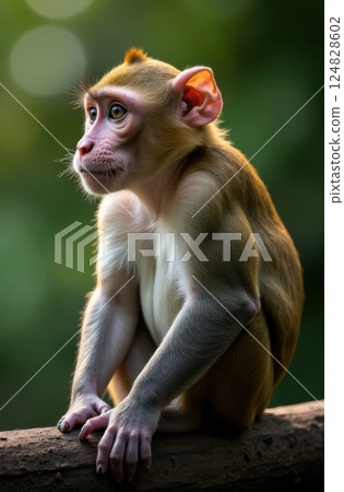 A young monkey sits gracefully on a branch gazing thoughtfully into the distance. Surrounded by lush greenery the creature embodies playful curiosity in a serene jungle setting. 124828602
