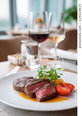 delicious appetizing grilled steak with tomatos in a restaurant 124828633