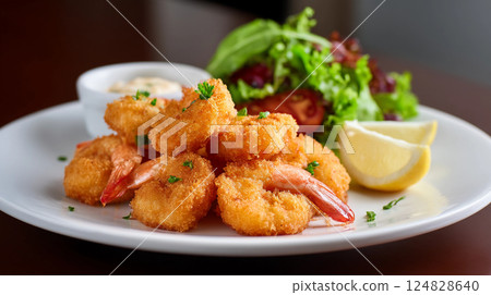 restaurant dish fried shrimp in breadcrumbs with sauce and garnish 124828640