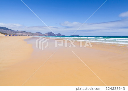 Porto Santo, Portugal. Wide sandy beach with clear waters Porto Santo, Portugal. Wide sandy beach with clear waters 124828643