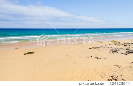Porto Santo, Portugal. Serene coastal vista showcasing a sandy beach Porto Santo, Portugal. Serene coastal vista showcasing a sandy beach 124828644