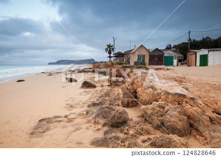 Tranquil coastal scene featuring a sandy beach, Porto Santo, Portugal 124828646