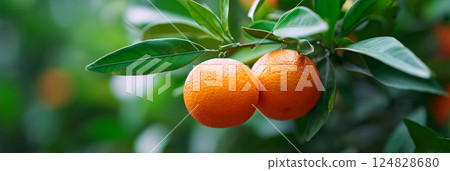 ripe orange fruits growing on a tree branch in a garden on a plantation 124828680
