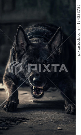 German Shepherd Dog Snarling with Aggressive Guard Stance and Dark Fur, Captured in Intense Expression 124828783