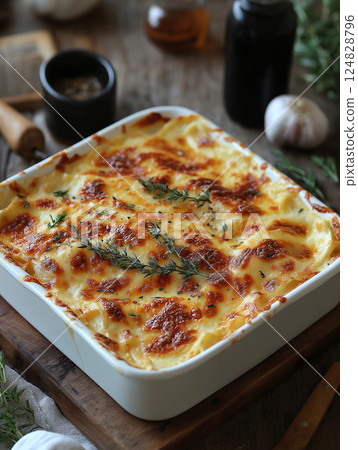 Delicious baked casserole with cheese, creamy texture, and thyme in a rustic dining setting Delicious baked casserole with cheese, creamy texture, and thyme in a rustic dining setting 124828796