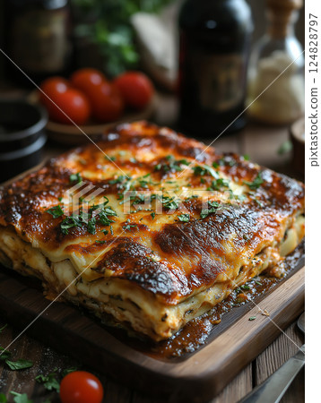 Delicious Italian lasagna with cheese, baked to perfection, a savory layered pasta meal Delicious Italian lasagna with cheese, baked to perfection, a savory layered pasta meal 124828797