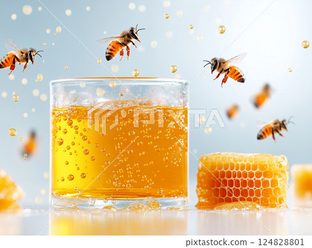 Buzzing bees surround a glass of honey with honeycomb, capturing sweet nature's vibrant beauty 124828801
