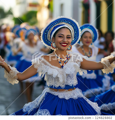Joyful festival dance celebration with traditional costume and colorful parade in a vibrant event Joyful festival dance celebration with traditional costume and colorful parade in a vibrant event 124828802