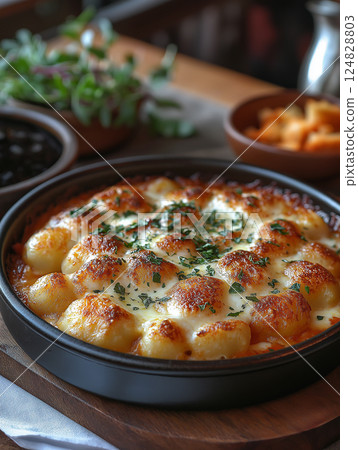 Delicious baked gnocchi with cheese and herbs in a gourmet Italian dish Delicious baked gnocchi with cheese and herbs in a gourmet Italian dish 124828803