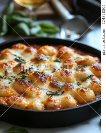 Baked gnocchi with cheese and basil in a skillet - delicious Italian dinner with herbs and sauce. 124828805