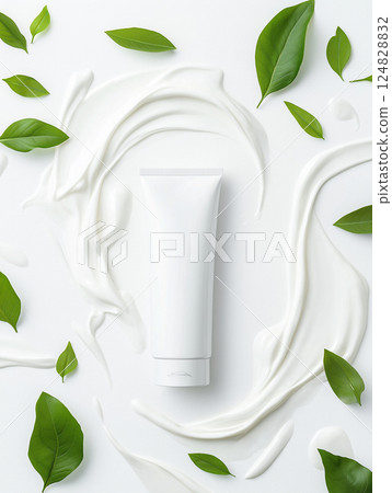 Cream moisturizer and cosmetic tube with green leaves for skincare and natural beauty focus Cream moisturizer and cosmetic tube with green leaves for skincare and natural beauty focus 124828832