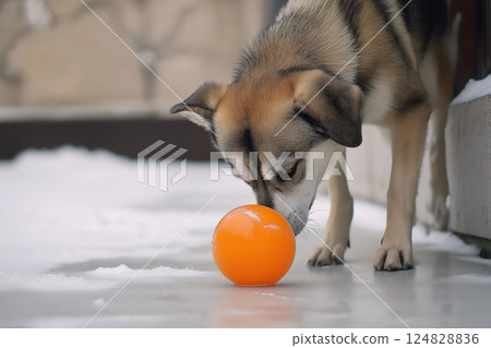 Dog playing with an orange ball in the snow during winter outdoors, showcasing fun and playful activity 124828836