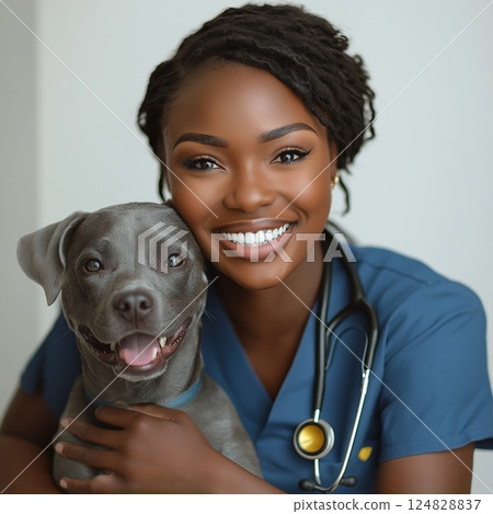 Joyful nurse with a friendly Staffordshire dog showcasing veterinary care and companionship 124828837
