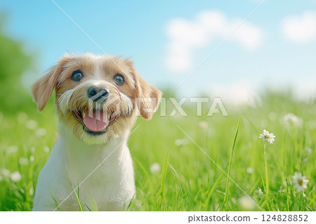 Terrier dog with a happy smile in grass, outdoor nature, summer day featuring cute canine Terrier dog with a happy smile in grass, outdoor nature, summer day featuring cute canine 124828852