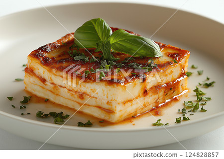 Delicious Italian cuisine with lasagna served in a white dish with basil and cheese topping 124828857